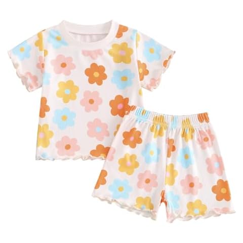 Engofs Toddler Baby Girl Clothes Summer Outfits Short Sleeve Floral Print T-shirt Shorts 2Pcs Set (C6 Apicot Flower, 3-4 Years) Cover