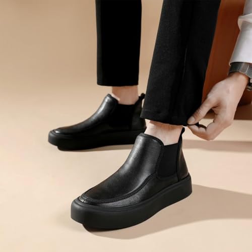 Men's Leather Platform Chelsea Boots Round Toe Comfortable Fur Lined Elastic Slip-On Casual Ankle Boots Mid-Top Business Work Dress Booties4