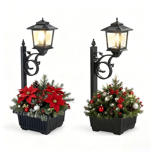 2 Pack Solar Lamp Post Light with Planter, 2 in 1 Outdoor Flower Pots, 3000K Solar Lamps Outdoor Waterproof, Wall Mount or Freestanding for Garden, Patio, Yard, Front Porch(Flowers not Included)