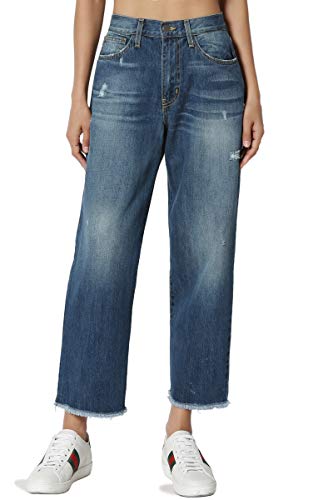 TheMogan Women's 90's Mid Rise Loose Fit Raw Hem Straight Leg Crop Jeans Medium 25