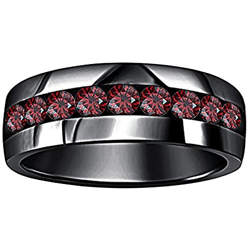 Foreverjewelryhub 14K Black Gold Plated 925 Sterling Sliver Round Cut Created Red Garnet 9-Stone Men's Wedding Band Anniversary Ring #TOP11