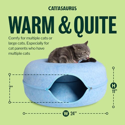 Image of Cattasaurus Peekaboo Cat Cave Donut for Multiple & Large Cats up to 30-45 lbs, 3-in-1 Self Warming Cat Bed, Tunnel & Scratcher for Indoor Cats, Washable & Detachable Small Dog Bed (Blue, Large)