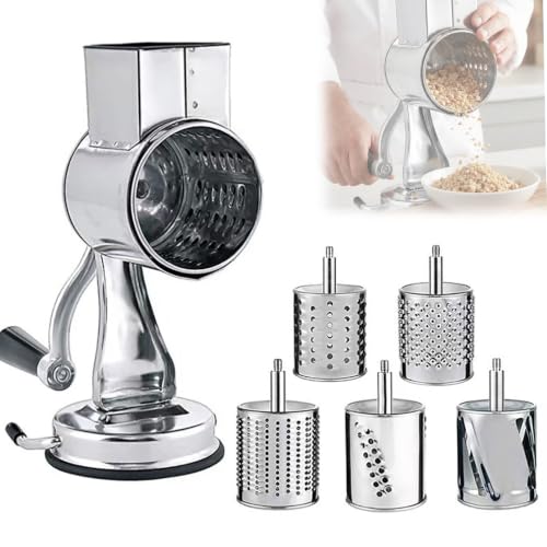 MObyat Rallador De Queso Giratorio, Tambor De Acero Inoxidable con Base De Succión, 5 Métodos De Corte, Apto para Lavavajillas, Cortar Verduras, Picar Frutos Secos Y para Uso Doméstico