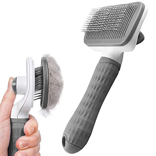 Dog Brush Cat Grooming Comb,Self Cleaning Pet Slicker Brushes with Smooth handle,Dog Grooming Tool with Button for Pet Shedding Brush Cat Massage Clean Tangled(Grey)