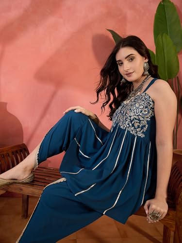 Image of Stylum Women's Solid & Embroidered Rayon A-Line Kurti Dhoti Pant Set