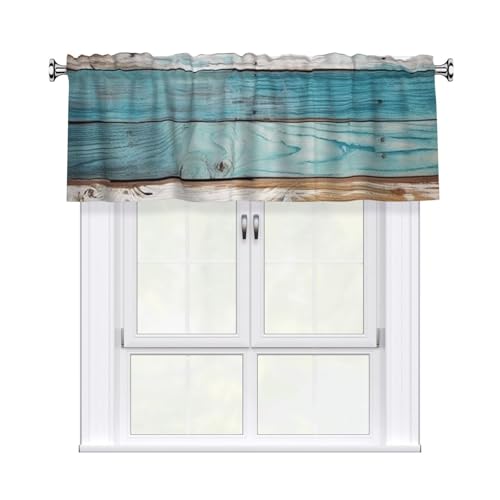 KKLWEGU Alte blaue Holzdielen-Volant-Vorhang, Verdunkelungsvorhang für Küche, Volant, Fensterbehandlungen, Stangentaschen, Vorhänge, moderne Kunst, kurze Vorhänge für Küchenfenster, Badezimmer