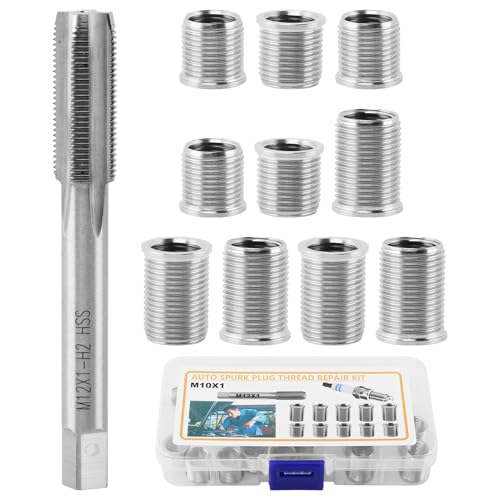 Frandilo Spark Plug Thread Repair kit M10x1.0 Bolt M12x1.0 Tap Stainless Steel Repair kit for Automotive Engine Cylinder Head Rethreaded Kit Repairs Tools(Color:Silver)