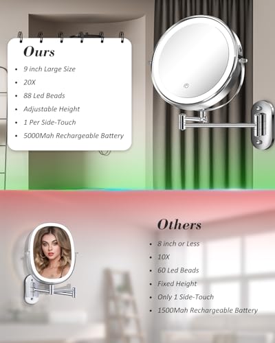 Image of 20X 9 inch Wall Mounted Magnifying Makeup Mirror with Light Height Adjustable