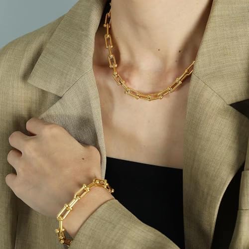 18K Gold Plated Chunky Link Chain Necklace and Bracelet for Women,U Shaped Bamboo Lock Chain Paperclip Chains Necklace for Women.4