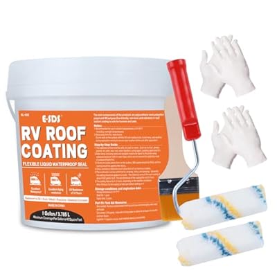 E-SDS RV Roof Sealant Waterproof Coating White with Wooden Brush Roller Gloves, Camper Roof Sealant for Trailers, Motorhomes, Metal Buildings and Leak Repairs (1 Gallon)