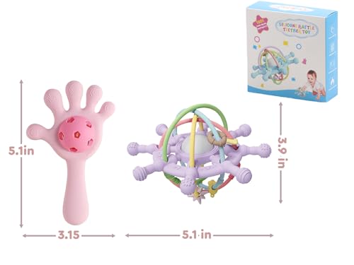 Image of Busy Rattle for Babies, Food Grade Teething Toys for Babies 0 3 6 9 12 18 Months, Newborn Infant Learning Developmental Toys .Sensory Teether Toys,Toddler teether Soothes Teething Pain(Purple&Pink)