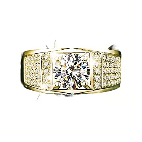 Luxury bright shiny men's ring fashion set diamond domineering fashion wedding men's ring simulation S925 sterling silver square cut 5A zircon engagement wedding ring CZC426 (Yellow gold)