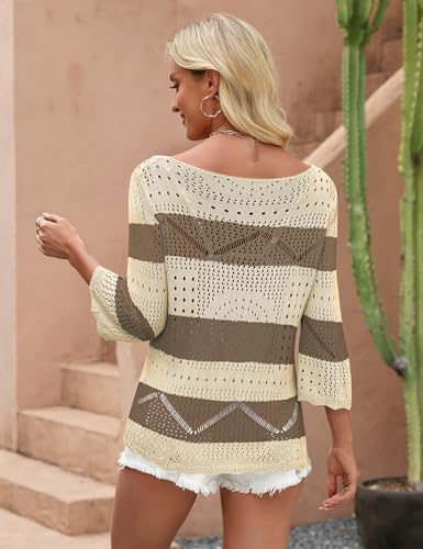 Image of Rapbin Womens Crochet Hollow Out Knit Tops 3 /4 Sleeve Spring Summer Sweaters Beach Cover Ups for Women Trendy 2026