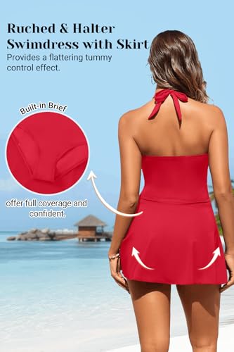 Image of Women Tummy Control One Piece Swim Dress Ruched Swimsuit with Skirt | Halter V-neck Design, Adjustable Straps, Removable Cups, Side Bow-tie, Sexy, Flattering, Slimming