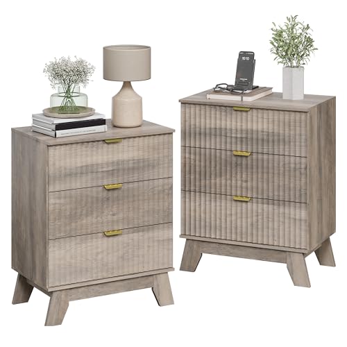 Image of Wodeer Night Stand Set 2, Bedside Table & End Table, Mid Century Modern Fluted Wood Nightstand with 3 Drawers & Metal Handles, Farmhouse Nightstand for Bedroom, Grey