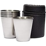 Okuna Outpost Shot Glasses - 6-Pack 2.3 fl oz Stainless Steel & Leather Carry Case - Stackable Metal Travel Shot Glasses - Flask with Built-In Shooter - Insulated Travel Case