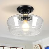 Schoolhouse Style Light Fixture, 12' Black Semi Flush Mount Ceiling Light with Seeded Glass Globe, Close to Ceiling Lights for Kitchen, Hallway, Entryway