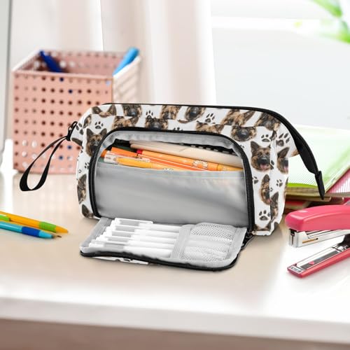 Image of Dog Paws German Shepherd Large Pencil Case with Side Zipper Access Full-Print Guji Nylon Stationery Bag for School Office Travel Use Fits Pens Scissors Notes & More