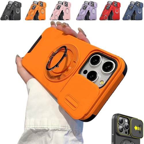 Case with Slide Camera Cover with Rotating Stand and Privacy Camera Magnetic Stand Cover for iPhone 17/16/15/14 Pro Max (Orange,