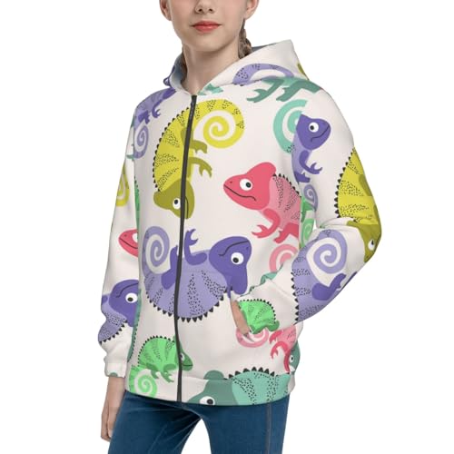 Colorful Pattern With Cute Chameleons Kids Pullover Hoodies Boys Zip Up Sweatshirts Girls Athletic Clothes with Pocket