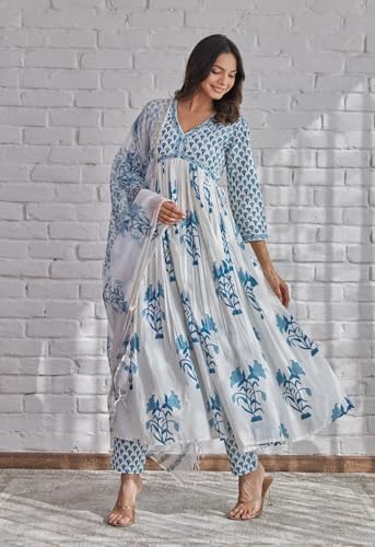 Image of ANNI Designer Women's Rayon Blend Printed Anarkali Kurta with Pant & Dupatta