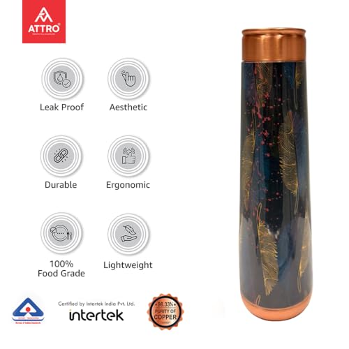 Image of ATTRO Arth Deluxe Copper Bottle Design Boosts Immunity Leakproof & Lightweight |Anti-Bacterial, BPA Free with Secure Cap for School, Travel, Gym & Work 900ml Rainbow Leaf Gold