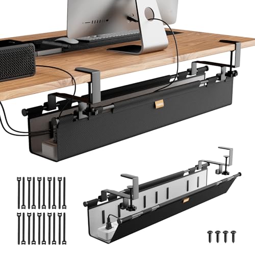 YOOMONA Cable Management Tray Under Desk No Drill 38 Under Desk Cable Management with Clamp/Screw Mount Wire Cord Organizer for Table Cable Tray for Office Home (Black)