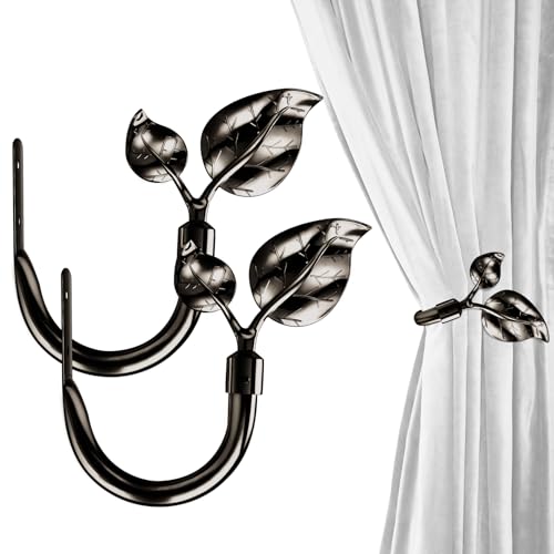 Image of HIKMLK Leaf Shaped Curtain Holdbacks 2pcs, Handmade Bronze Metal Curtain Holders for Wall Decor, Antique Brass Curtain Tieback for Drapes Window Decoration