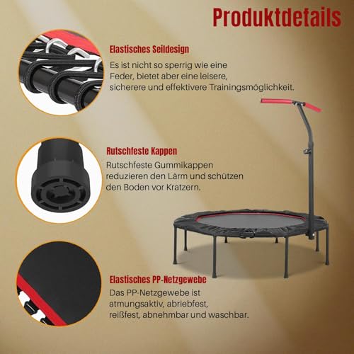LIFERUN Mini Trampoline d'intérieur pour Adultes Ø 128 cm,Petit Trampoline de Fitness,Saut rebondissant,Capacité de Charge 150 kg,Corde en Caoutchouc,Poignées réglables en Hauteur,Maison, Rouge – Image 5