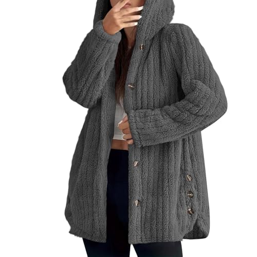 Women Winter Coats Hooded Button Down Coat Soft Casual Baggy Jacket Fuzzy Long Sleeve Loose Outerwear With Hood