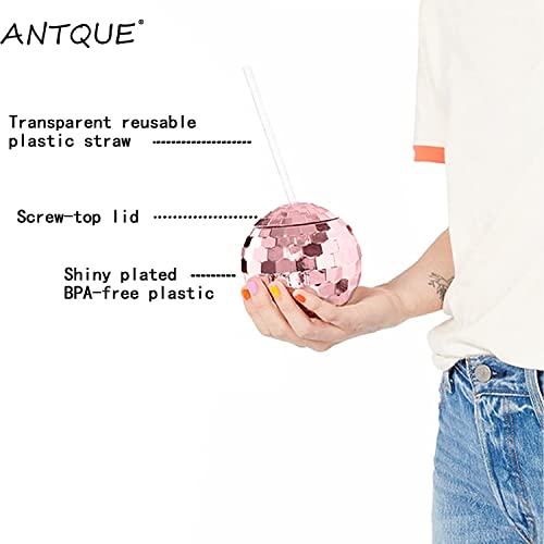 Antque 9 Pcs Disco Ball Cup With Straws, Tumbler Disco Flash Ball, Cocktail Cup Silver Spherical Cup With Lid And Straw Wine Glass Drinking Syrup Tea Bottle For Nightclub Bar Party (Rose Gold) #TOP3