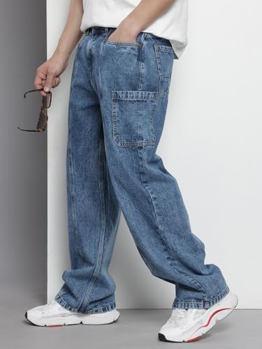 Image of The Indian Garage Co Men Loose Baggy Relaxed Fit Solid Mid-Rise Jeans