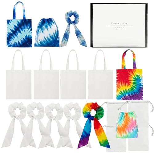 18PCS Tie Dye Party Supplies,Include 6 White Cotton Tote Bags for Tie Dying,6 Tie Dye Drawstring Bags,6 White Cotton Scrunchies for Tye dye Beach Party