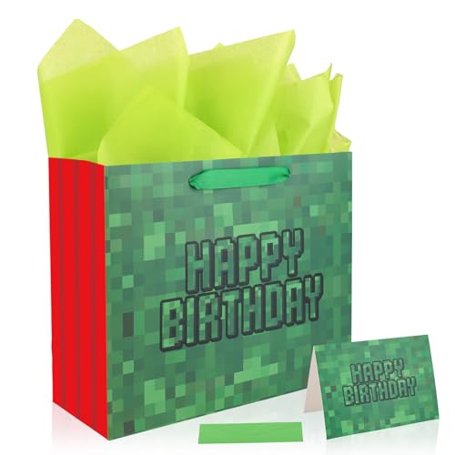 Happy Birthday Goodie Bags Pixel Theme Gift Bags with Tissue Paper Greeting Card Envelope Party Supplies for Birthday