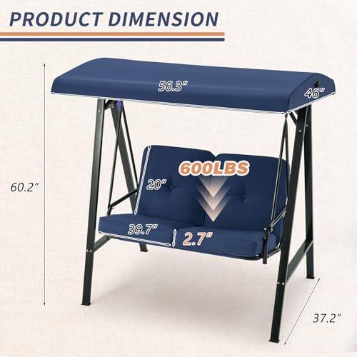 Image of U-MAX 2 Seat Outdoor Patio Swing Chair for Adults, Porch Swings with Adjustable Canopy, Outside Swing Bench with Removable Cushion, Suitable for Backyard, Garden, Yard, Poolside, Balcony (Blue)