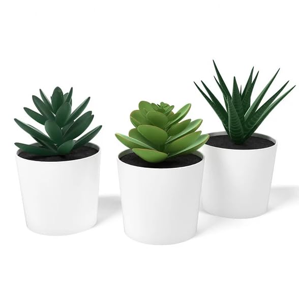 PAPERI Artificial Succulent Plants for Home Décor – Set of 3 Faux Succulent Flowers with White Pots, Indoor Decoration for Living Room, Desk, & Bathroom