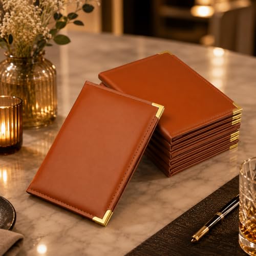 Image of Premium Leather Bill Holder - Set of 6 Receipt Folders for Restaurants, Hotels, Cafes, Bars & Table Service | Professional Check Presenters for Dining Tables (Brown)