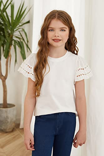Image of blibean Girls Summer Short Sleeve Shirts Cotton Tops Size 4-15 Years Old | Kids Fashion Causal Solid Color Tee, Cute Ruffle Crewneck Basic Blouse, Flowy Clothes for Tween Teen Girl, Soft Breathable