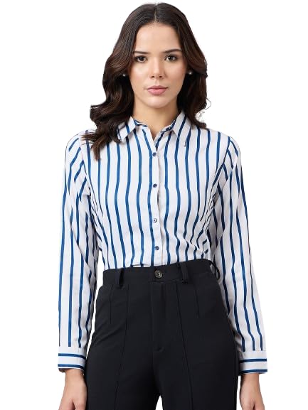 Image of Style Quotient Women Beige White Stripe Printed Formal Shirt