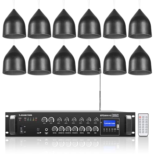 Sound Town Commercial Restaurant Bluetooth Amplifier + Pendant Speaker Set, with One 6-Zone 70V/100V Amplifier with Bluetooth, 12 x Weather-Resistant 6.5-Inch Pendant Speakers, Black (STCA360X12PD6B)