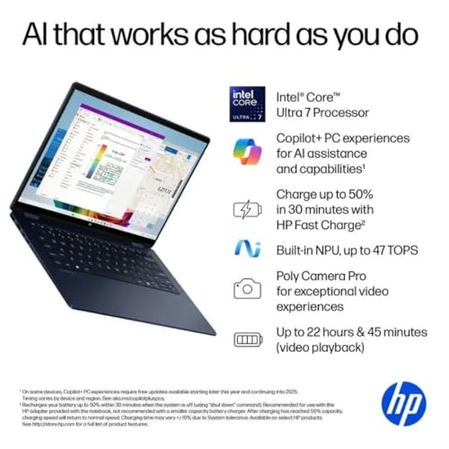 Image of HP OmniBook X Flip 2-in-1 Laptop,14 inch 2K Touch-Screen Laptop Computer,Intel Core Ultra 7, Arc 140V GPU Copilot+ PC,16GB RAM 512GB SSD,Thunderbolt 4,with Lifetime Office,Win 11 Pro,Atmospheric Blue