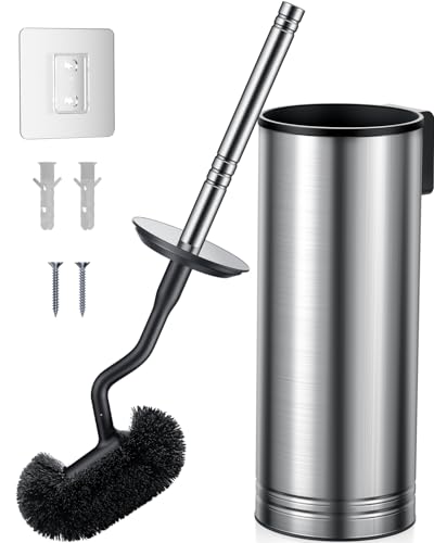 HAMITOR Toilet Brush and Holder Set: 304 Stainless Steel Heavy Duty Bowl Cleaner Brush - Deep Cleaning Under Rim Curved Bristle - Space Saving Wall-Mounted for Home RV Bathroom Accessories Silver