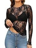 OFEEFAN Mesh Top Women Lace Long Sleeve Country Concert Western Outfit for Women Fall Fashion Clothing 2025 Slim Fitted Dressy Crewneck Shirts Elegant Blouses Clothes Black M