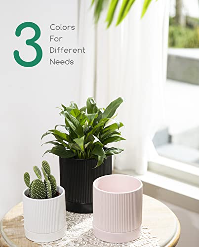 Ladovita 3 Pack Ceramic Plant Pots 6/5/4 Inch, Flowerpot For Indoor Plants With Drainage Holes And Tray, Outdoor Garden Planters, Modern Decorative For Home, White Vertical Stripes #TOP4