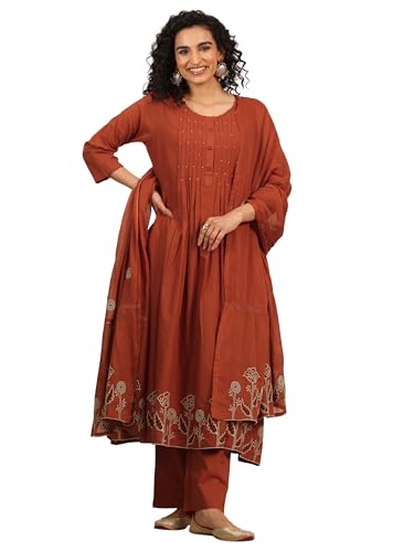 Image of Rust floral embroidered anarkali kurta with solid palazzo and embroidered dupatta | ethnic wear | bridal suit | occasion wear