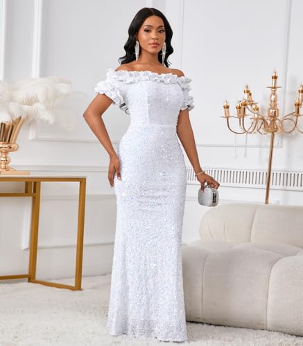 Image of dasmzper Women Sexy Sequin Off Shoulder Ruffle Short Sleeve Bodycon Mermaid Party Formal Evening Maxi Dress