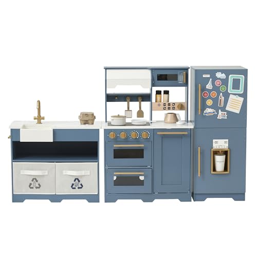 Image of Teamson Kids Little Chef Atlanta Modular Wooden Play Kitchen, 3-Piece Pretend Set with 17 Accessories, Blue/White/Gold, Realistic Features for Toddlers & Kids, Cocina de Juguete Moderna