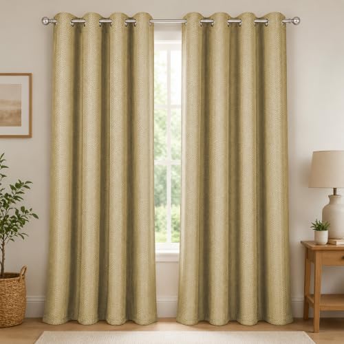 Image of LINENWALAS 100% Blackout Curtains for Window (5 Feet) - Set of 2 Panels, Herringbone Linen Texture Complete Light Block, Thermal Insulated & Noise Reducing Room Darkening Drapes (Golden Beige)