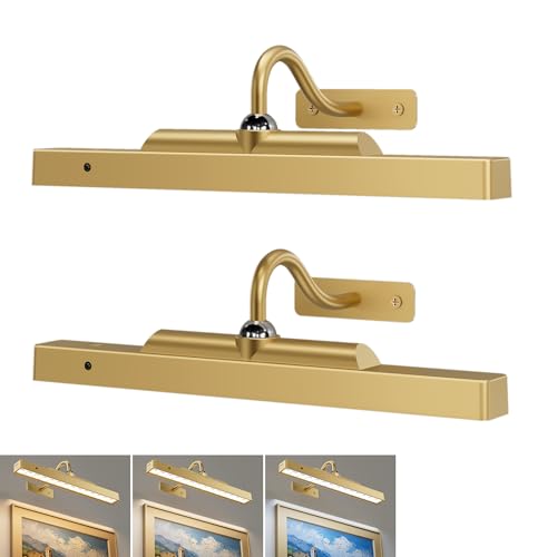 Craftersmark Wireless Picture Lights 12 2 Pack 4400mAh Battery Poerered Cordless Wall Lights 350LM Dimmable Remote Timer for Painting Artwork Living Room (Antique Gold)