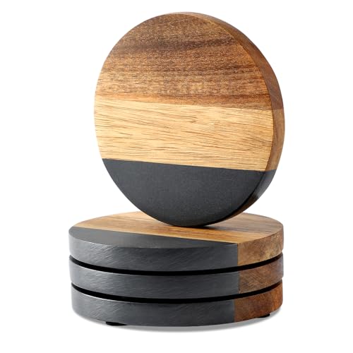 WLWNWFT Marble Acacia Wood Drinks Coasters Set of 4,...
